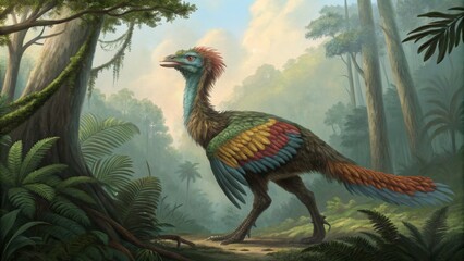 Avian Dinosaur in Misty Jungle Digital Painting, Colorful Plumage, Prehistoric Bird Concept, Fantasy Illustration Prehistoric bird, digital art