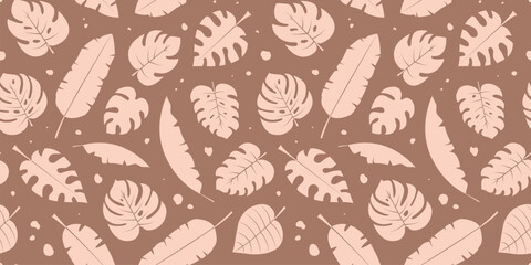 Palm leaf seamless pattern mocha mousse color, tropical plant background, exotic foliage print, summer leaves banana and monstera. Jungle cartoon. Trendy colour 2025 year. Vector illustration