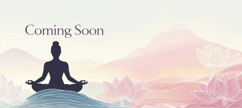Serene Coming Soon Banner for Yoga Studio with Pastel Gradients and Lotus Silhouettes