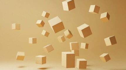 Abstract Golden Cubes Falling: A 3D Render of Levitating Geometric Shapes