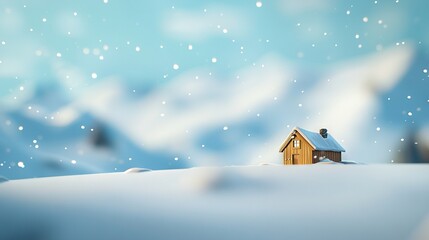   Small house on snow-covered hill, blue sky background, snowflakes falling
