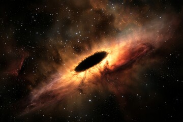 Obraz premium This mesmerizing image showcases a black hole at its center, enveloped by fiery cosmic clouds, highlighting the beauty and mystery of the universe's depths and phenomena.
