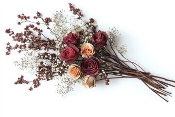 A stunning bouquet of dried roses and wildflowers, perfectly arranged against a clean, white backdrop, symbolizing everlasting beauty and nostalgia.