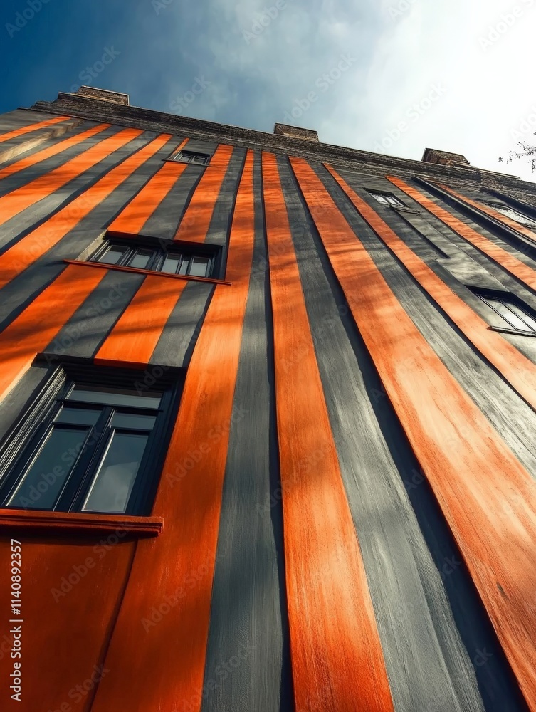 Fototapete An architectural view featuring bold vertical stripes in orange and black, creating a dynamic visual impact that emphasizes height and movement in urban design.