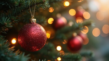 Bright Red Ornaments on a Festive Christmas Tree Welcoming a Joyful Holiday Season