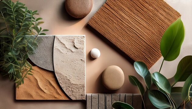 creative flat lay composition stone cork tiles and textiles panel samples with small plants bohemian stylish spa interior designer architect moodboard