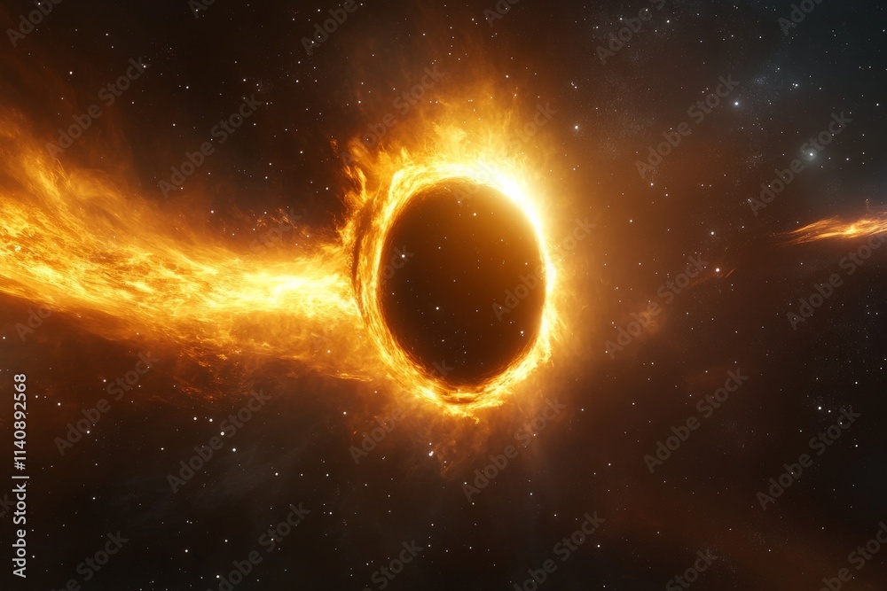 Poster a breathtaking image illustrating a cosmic phenomenon, featuring a black hole surrounded by an energ