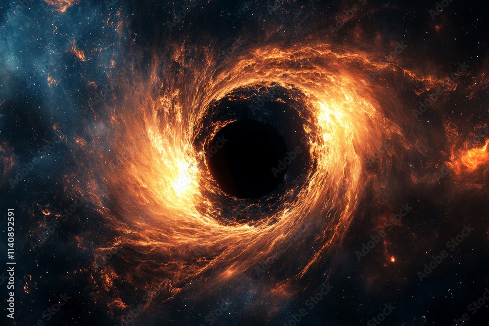 Poster an awe-inspiring visualization of a black hole engulfed in fiery outbursts, representing the endless