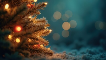 Festive Christmas Tree Adorned With Lights and Surrounded by a Serene Winter Atmosphere