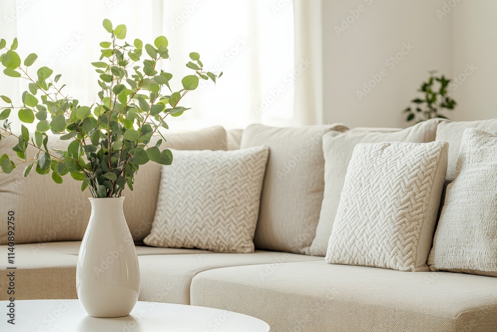 Aufkleber This serene living room features a cream-colored couch adorned with patterned cushions and a simple vase of eucalyptus, creating a tranquil and inviting atmosphere.