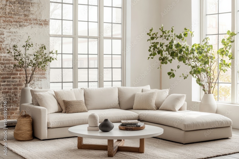Poster this stylish living space combines modern design with natural elements, featuring a cozy sectional s