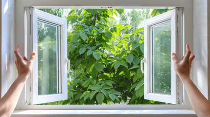 Deux mains ouvrent une fenêtre blanche avec un arbre feuillu en arrière-plan.