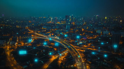 Fototapeta premium Smart digital city with connection cyber security network reciprocity over the cityscape . future smart wireless digital city and social media networking systems that connects people within the city