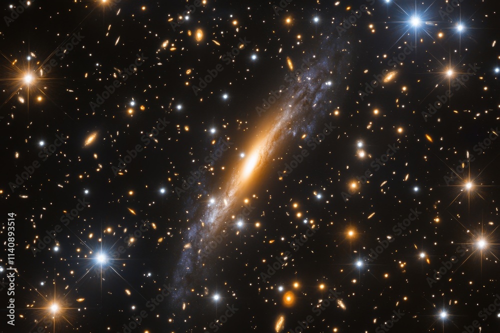 Poster an extraordinary image of an enigmatic galaxy characterized by a bright central core, surrounded by 