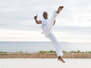 Jumping capoeira martial artist performing a high kick near a scenic ocean backdrop