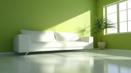 Modern Green Room Interior Design: White Sofa, Sunlight, and Plant
