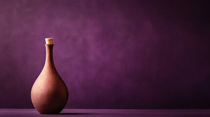   A large, brown vase sits atop a purple floor beside a matching wall, with a cork protruding from it