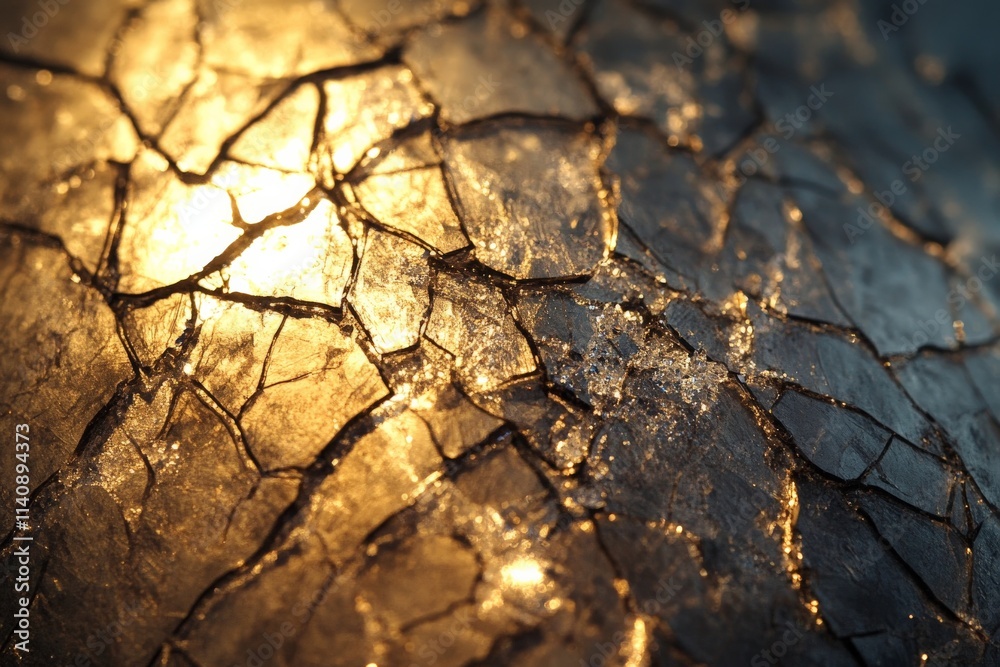 Poster A close-up of a cracked ice surface captures the interplay of light and texture, creating an abstract representation of fragility and beauty in winter's grasp.