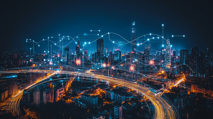Obraz premium Smart digital city with connection cyber security network reciprocity over the cityscape . future smart wireless digital city and social media networking systems that connects people within the city