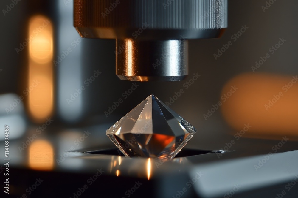 Poster a close-up view of a diamond under a microscope, showcasing its intricate facets and stunning clarit
