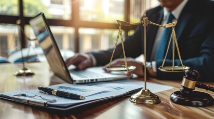 Legal Work. Lawyer Examining Documents in Courtroom, Law and Justice Concepts