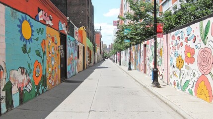 Colorful murals adorn both sides of a lively urban alleyway.