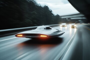 Obraz premium A futuristic vehicle races on a sleek highway, emitting a sense of speed and progress with its glowing lights and aerodynamic design.