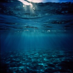 Underwater scene with sunbeams penetrating the ocean surface, illuminating the seabed.