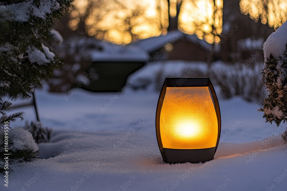 Poster a warm glow emanates from a lantern placed on fresh snow, capturing the serene beauty of a winter ev