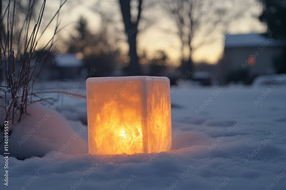 Poster an illuminated ice block sits atop a winter landscape, casting a warm light against the cold snow, c
