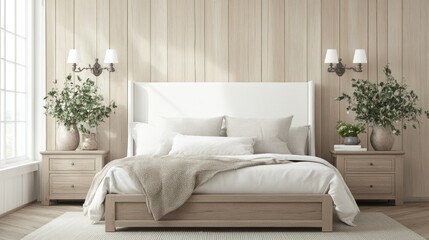Fototapeta premium Serene Bedroom Interior Design: Light Wood, White Bedding, and Greenery