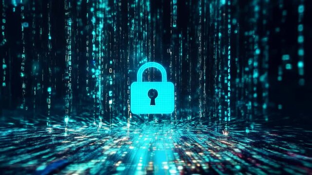 Digital security concepts with a glowing padlock amidst flowing binary code at a virtual data center