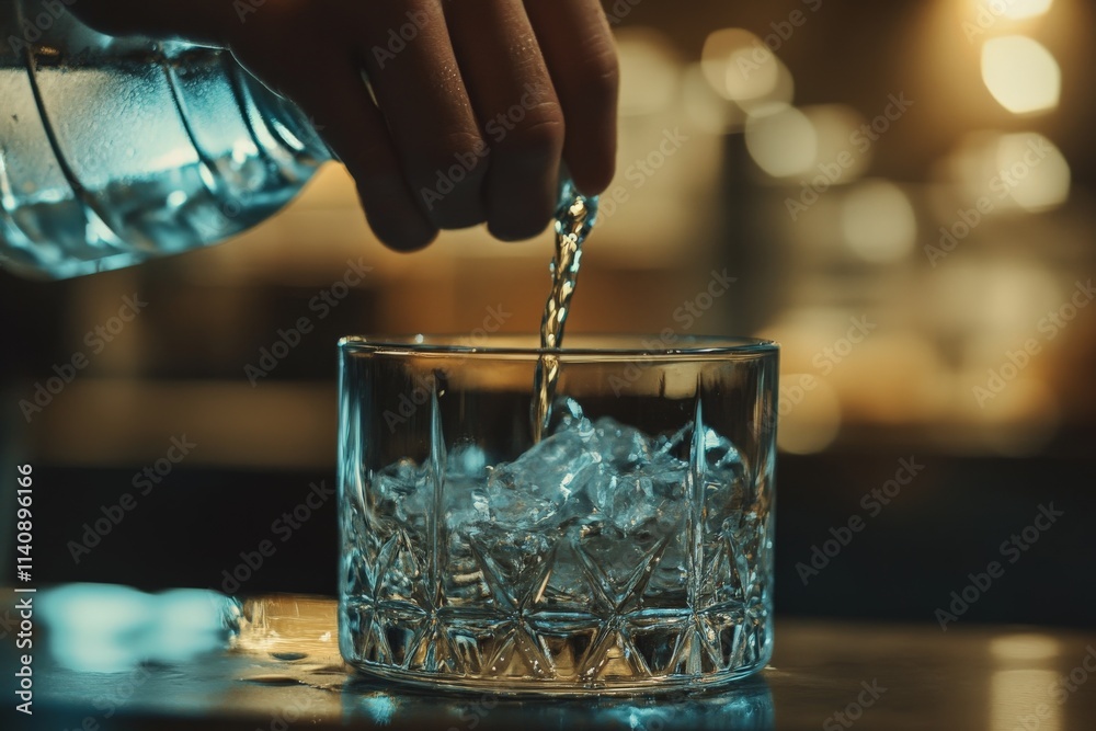 Poster A close-up image showcasing water being poured into a glass filled with ice cubes, capturing the refreshing moment and the condensation forming on the glass.