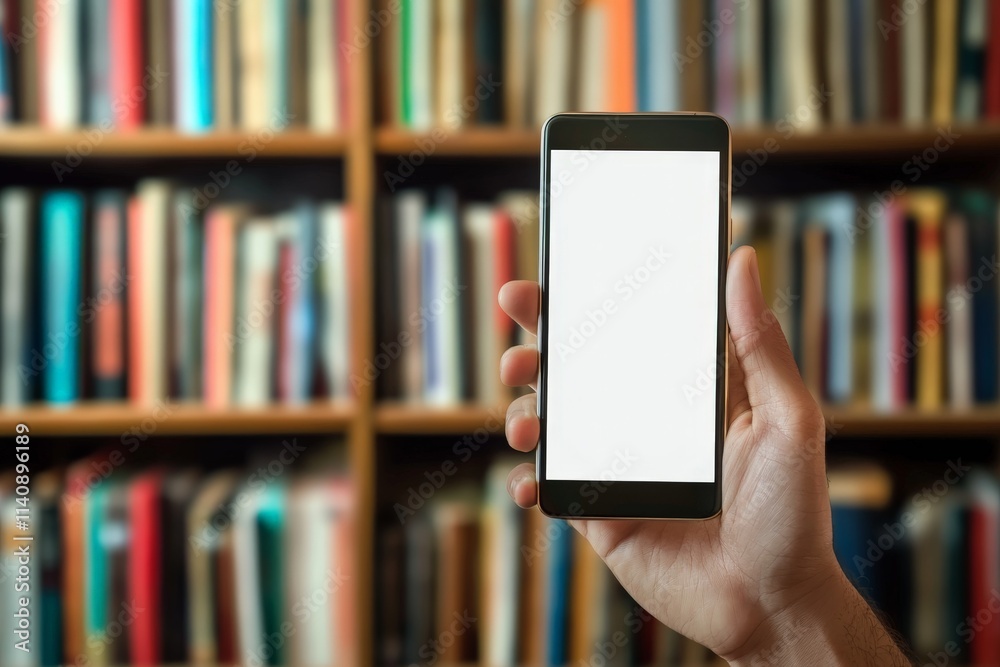 Poster a hand holds a smartphone in front of a neatly arranged bookshelf, combining elements of literature 