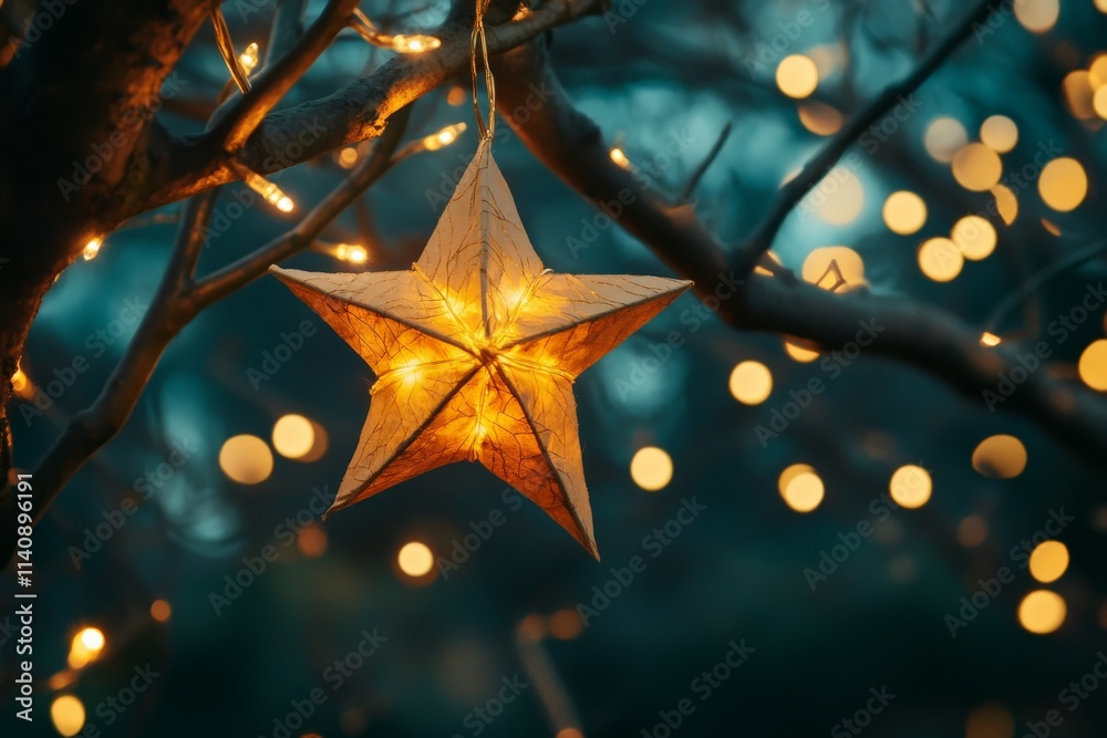 Poster a beautiful star-shaped lantern illuminating against a backdrop of twinkling fairy lights, creating 