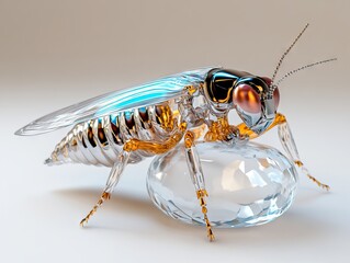 A close up of a glass insect on a white surface