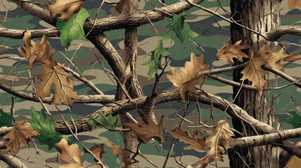 Realistic forest camouflage. Seamless pattern. Conifer tree, branches and leaves. Useable for hunting and military purposes.