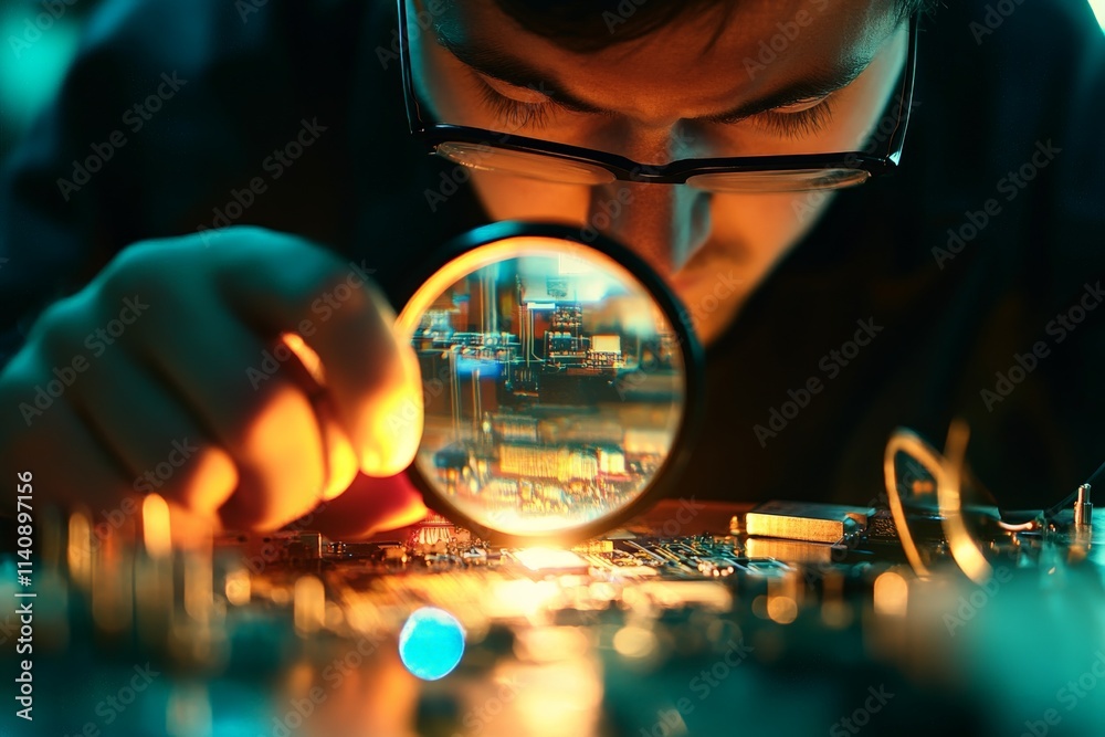 Aufkleber an interesting arrangement of electronic components under a low light setting, capturing the complex