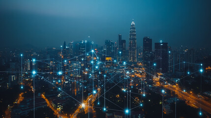 Obraz premium Smart digital city with connection cyber security network reciprocity over the cityscape . future smart wireless digital city and social media networking systems that connects people within the city