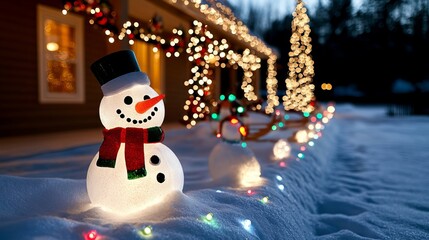 A snowman in front of a house covered in snow with Christmas lights