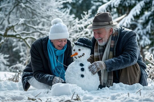 Senior couple building a snowman together in a snowy winter landscape, symbolizing joy, companionship, outdoor fun, holiday traditions, active retirement, family bonding, embracing seasonal moments