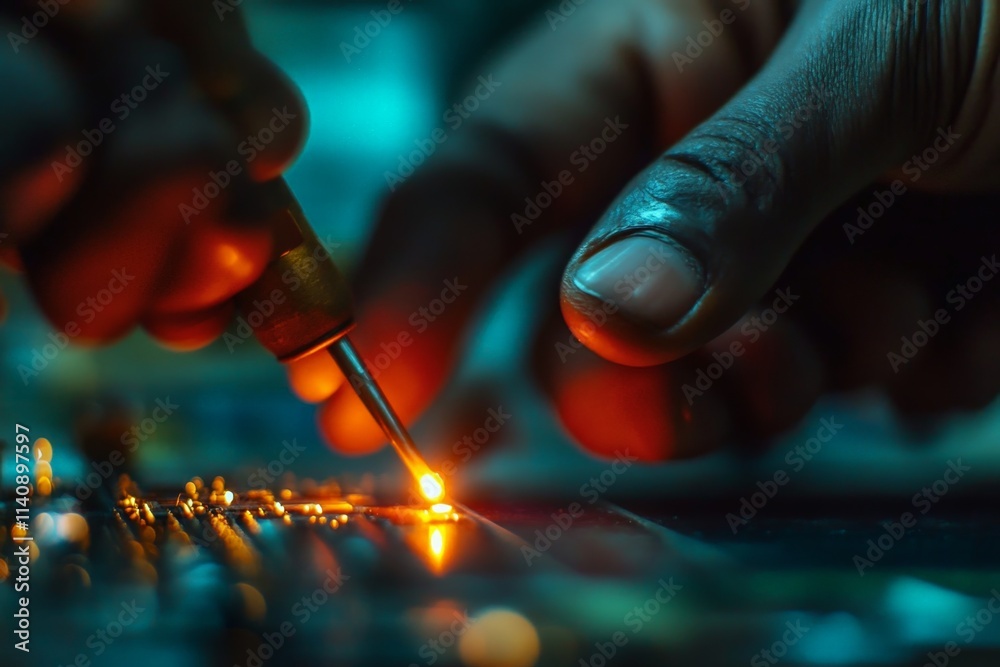 Poster a skilled hand meticulously working with a soldering tool on a circuit board, showcasing the precisi