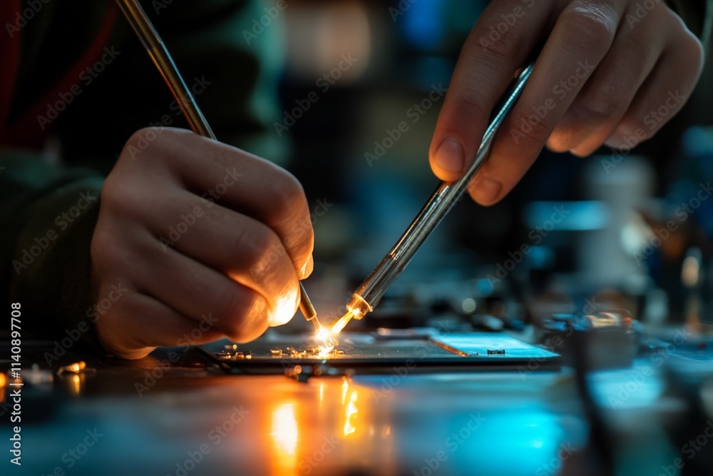 Aufkleber an artisan meticulously soldering electronic components on a board, highlighting the intricate craft