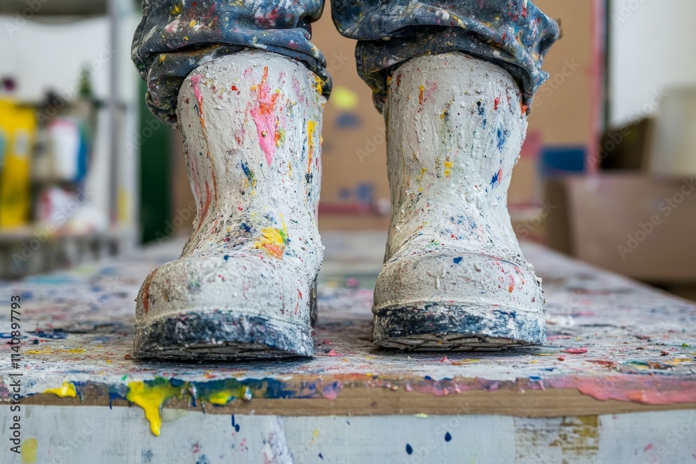 Poster colorful paint-splattered boots resting on a textured surface, embodying the spirit of creativity an