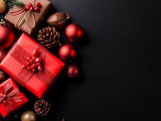 A bunch of red and gold christmas presents on a black background