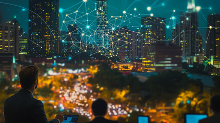 Smart digital city with connection cyber security network reciprocity over the cityscape . future smart wireless digital city and social media networking systems that connects people within the city