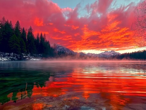 A red sky over a lake with trees and mountains in the background