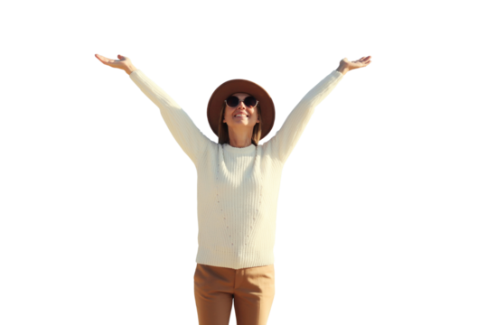 Happy smiling traveler woman, joyful girl enjoying standing isolated on white transparent background