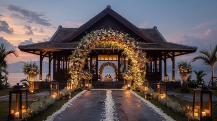 A beautifully decorated wedding venue with floral arch and candles at sunset.
