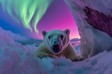 An engaging shot of a polar bear curiously gazing through a cave opening, illuminated by the stunning northern lights, capturing the essence of wilderness and exploration.
